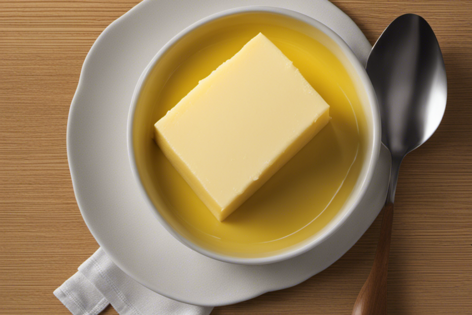 An image that showcases the precise measurement of 2/3 cup of butter, using a tablespoon as reference