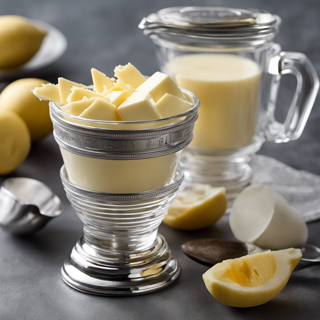 An image showcasing a clear glass measuring cup filled with precisely 2/3 cups of creamy butter, while a set of dainty silver tablespoons surround it, illustrating the conversion accurately