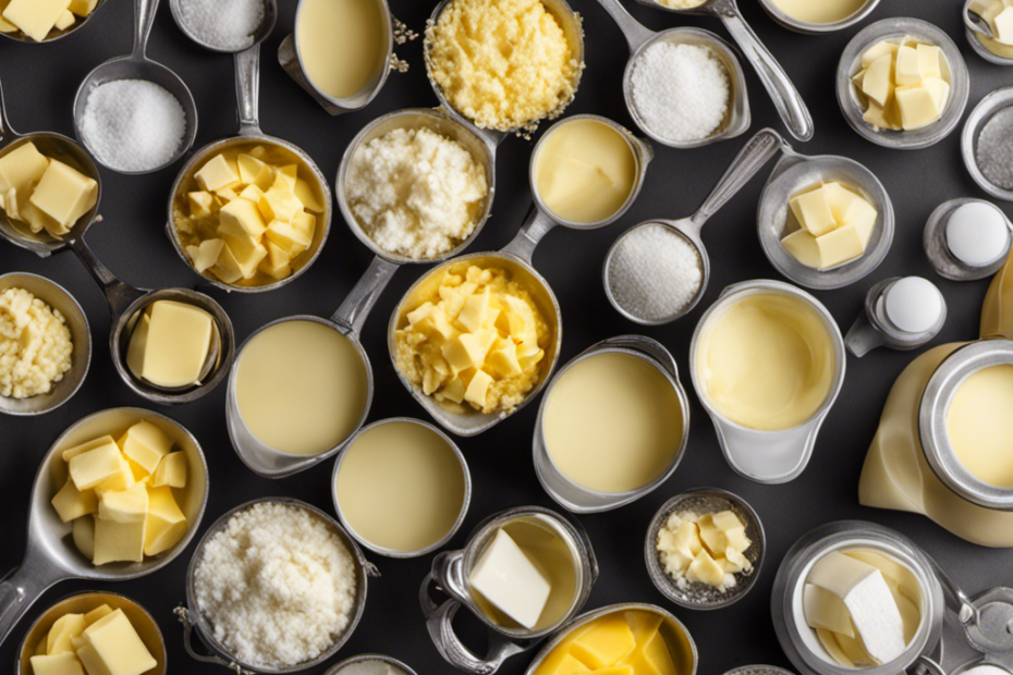 An image showcasing a measuring cup filled with 2 3 cups of butter, surrounded by a collection of tablespoons, clearly illustrating the conversion from cups to tablespoons