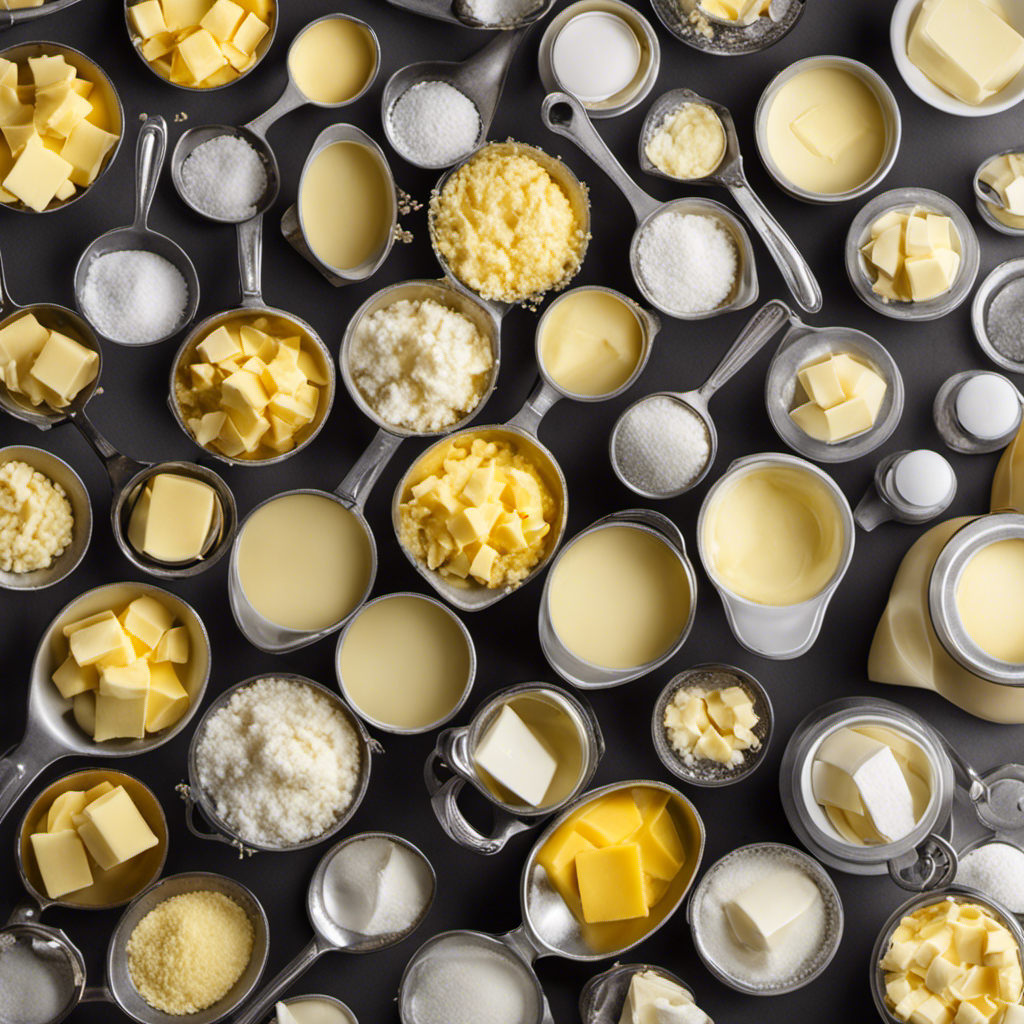 An image showcasing a measuring cup filled with 2 3 cups of butter, surrounded by a collection of tablespoons, clearly illustrating the conversion from cups to tablespoons