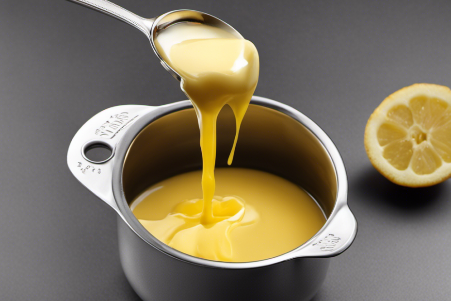 An image showcasing a measuring cup filled with 2/3 of a cup of melted butter, accompanied by a separate tablespoon being poured into it