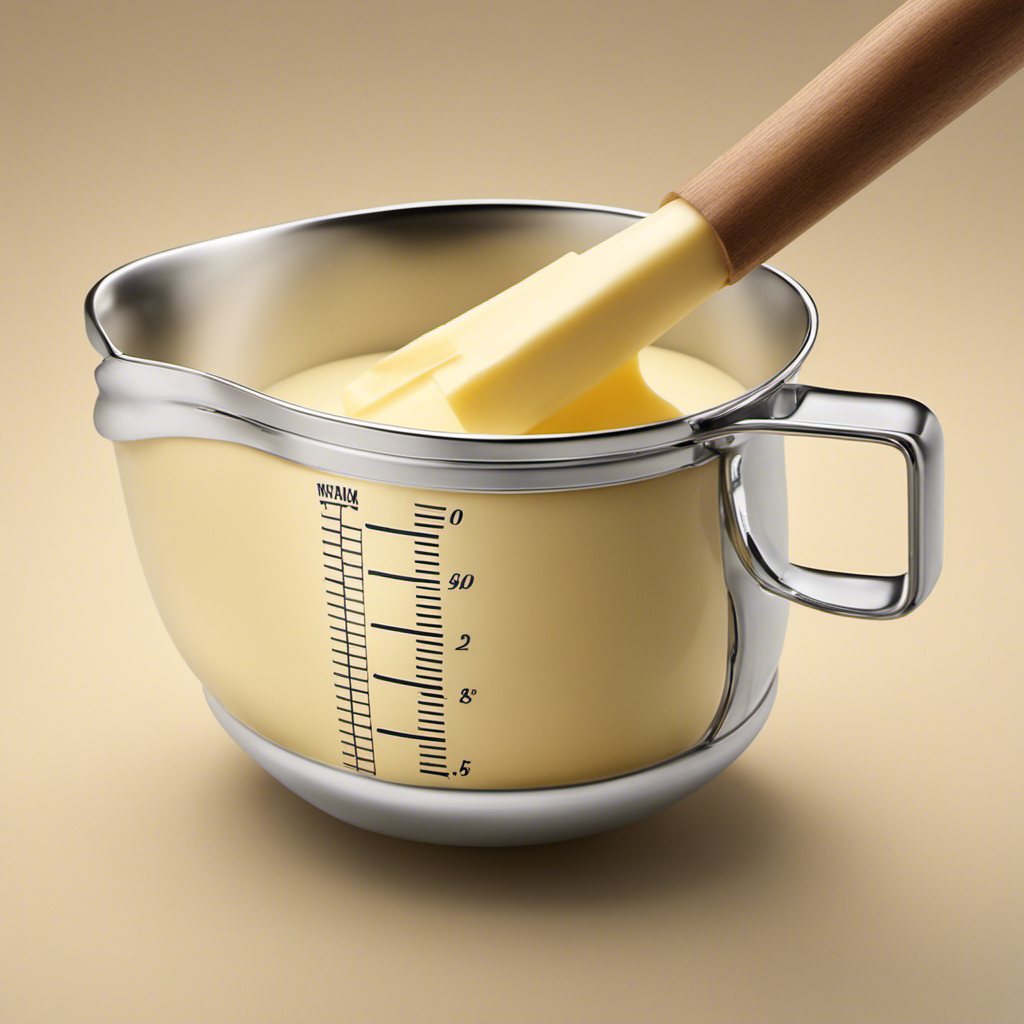 An image capturing the essence of a measuring cup filled with precisely measured 3/4 cup of creamy butter, elegantly showcasing the conversion from tablespoons to cups