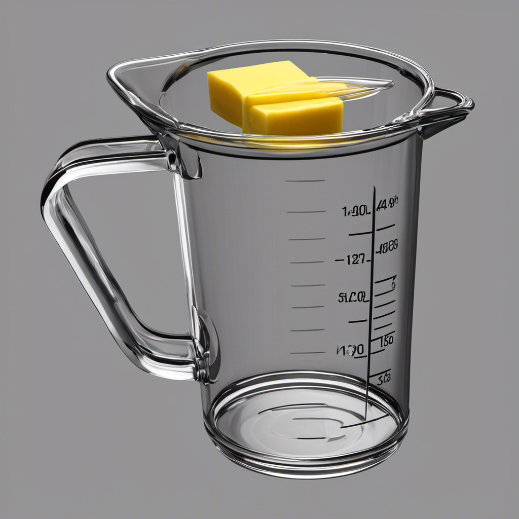 An image depicting a transparent measuring cup filled with 3/4 cup of melted butter, alongside a tablespoon