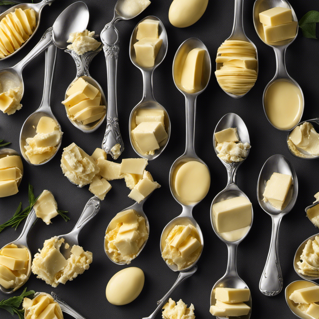 An image showcasing a stack of 12 identical tablespoons, each evenly filled with creamy butter
