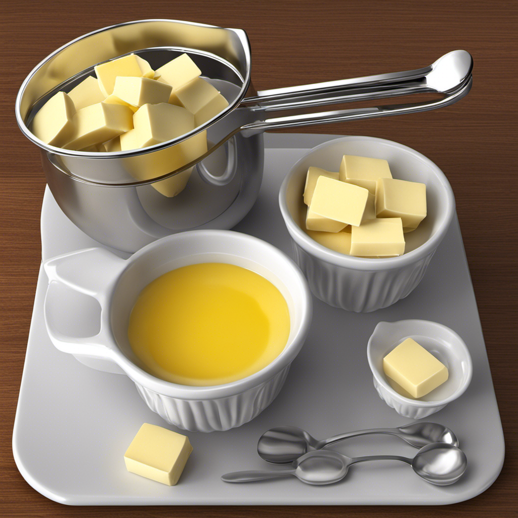 An image displaying a measuring cup filled with 3/4 cup of butter, accompanied by three identical tablespoons pouring out of it, highlighting the process of calculating tablespoons in 3/4 cup