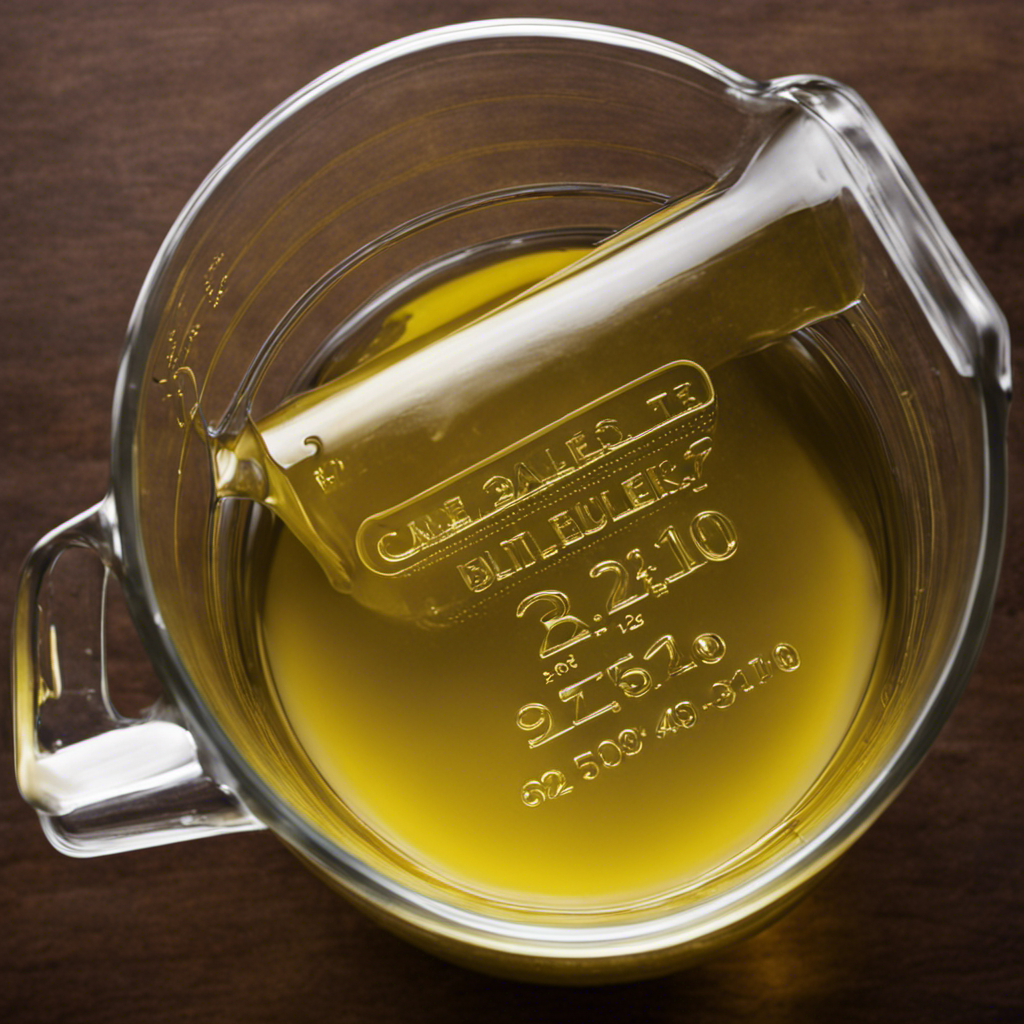 An image showcasing a clear glass measuring cup filled with ¾ cup of melted butter, with 1 tablespoon markings clearly visible, emphasizing the conversion ratio between the two