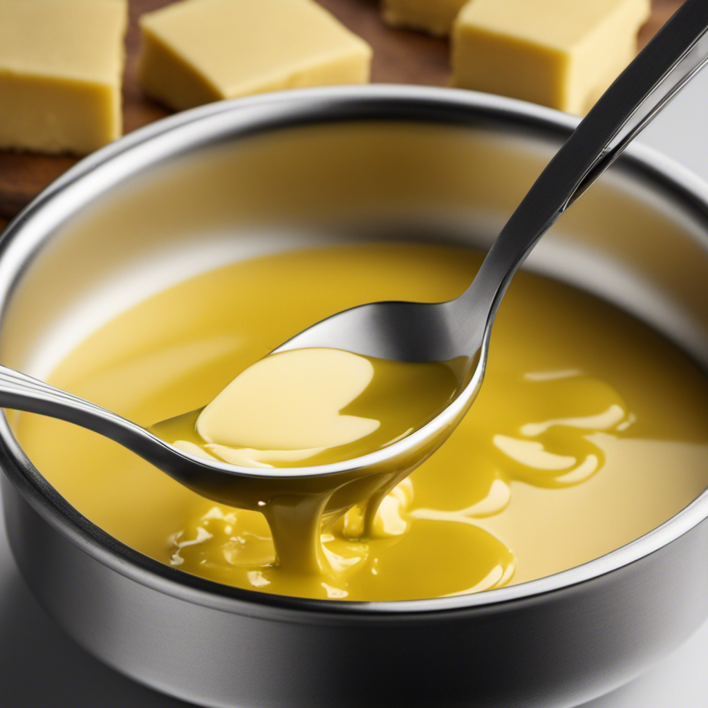 An image showcasing a metal tablespoon filled with melted butter, perfectly measured to illustrate the conversion of 3/4 cup butter