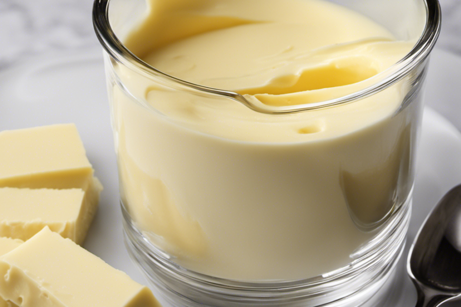 An image showcasing a clear glass measuring cup filled with 3/4 cup of smooth, creamy butter