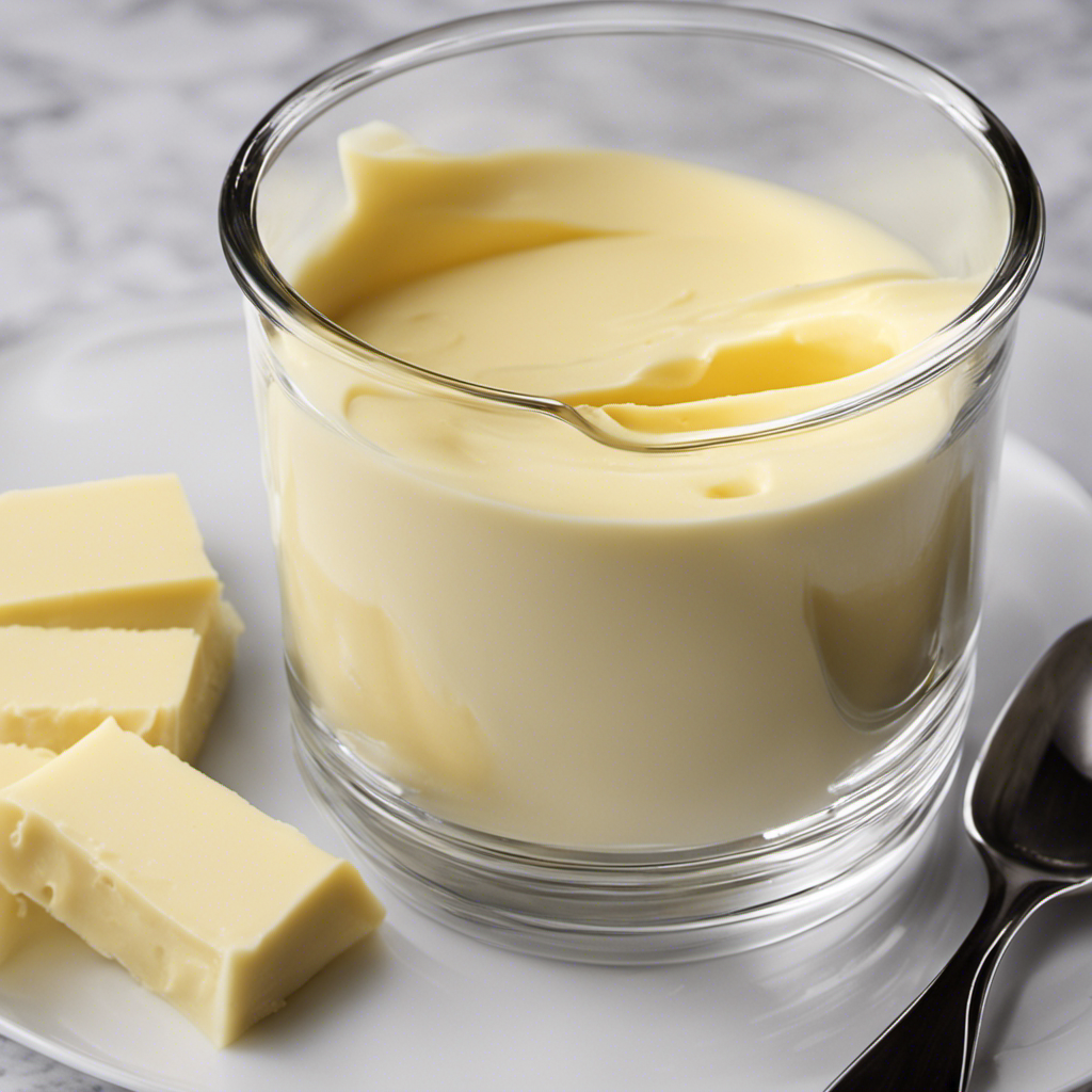 An image showcasing a clear glass measuring cup filled with 3/4 cup of smooth, creamy butter