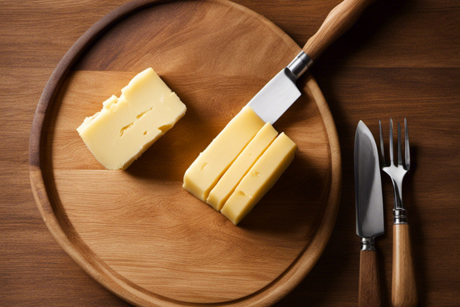 An image showcasing a wooden cutting board with a butter knife gently slicing through 3/4 of a stick of butter