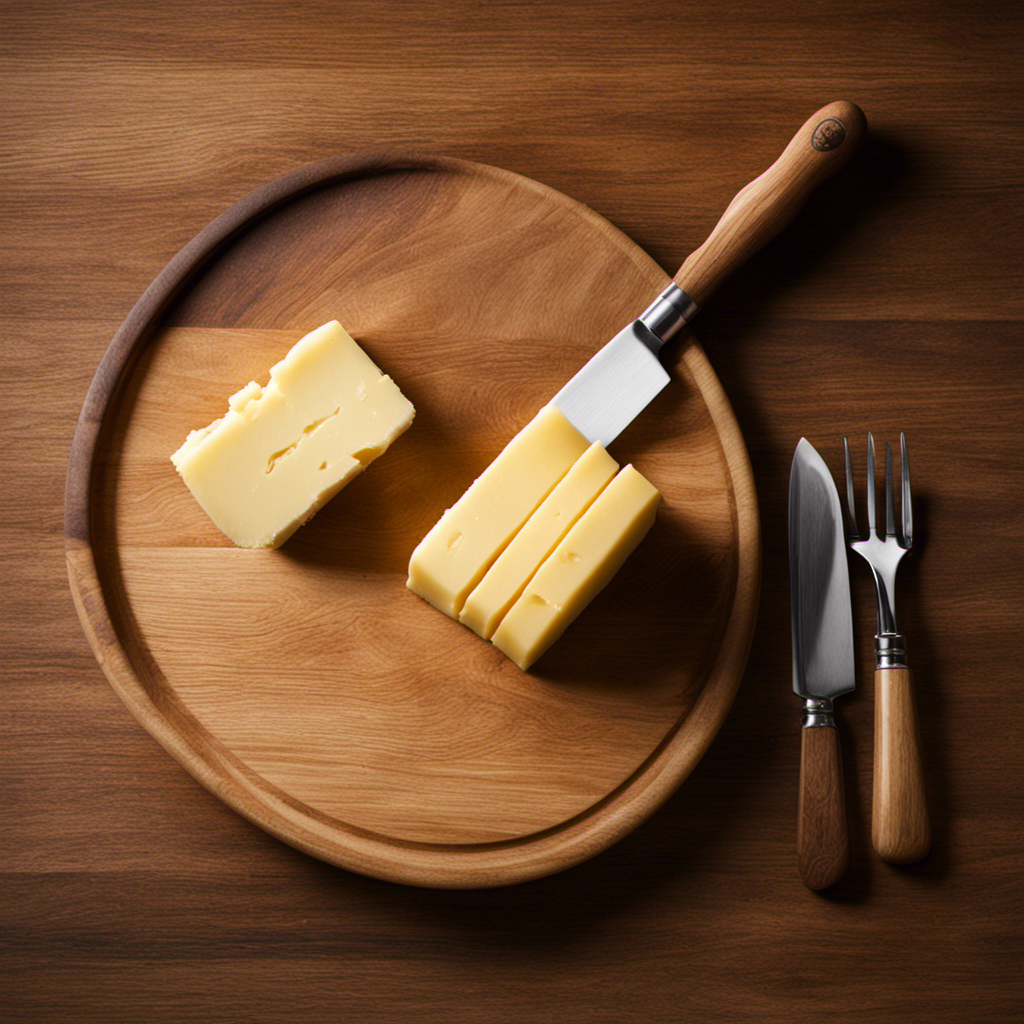 An image showcasing a wooden cutting board with a butter knife gently slicing through 3/4 of a stick of butter