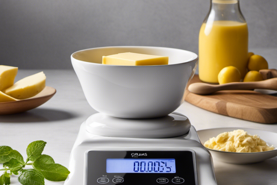 An image showcasing a sleek white kitchen scale with a small dish holding 30 grams of butter