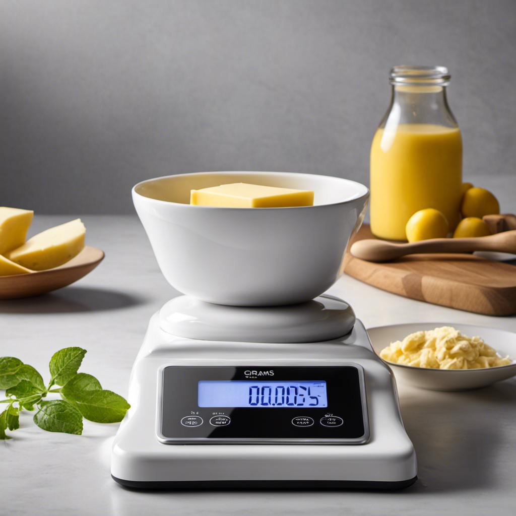 An image showcasing a sleek white kitchen scale with a small dish holding 30 grams of butter