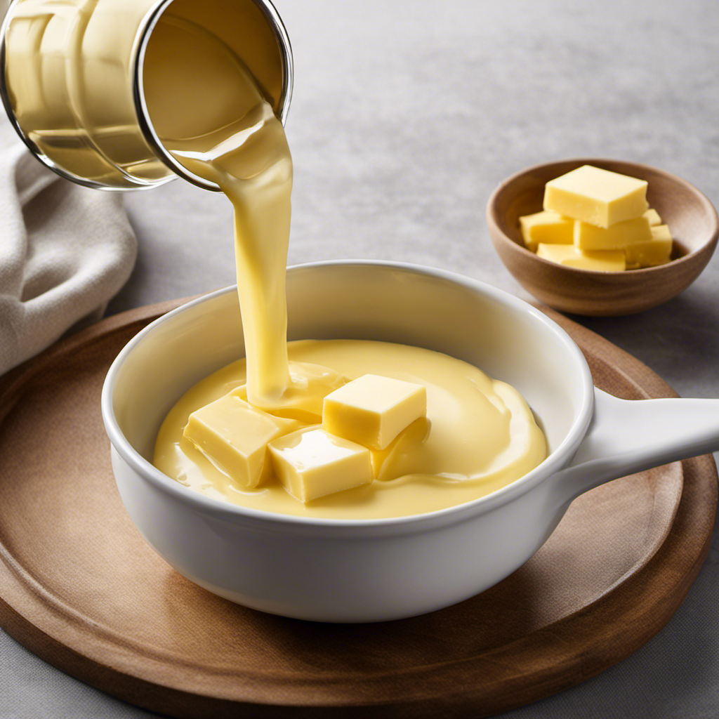 An image showcasing a measuring cup filled halfway with butter, while three tablespoons pour out smoothly into a bowl nearby