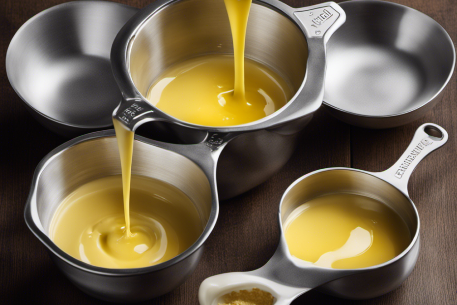 An image showcasing a measuring cup filled with precisely 1/4 cup of melted butter pouring into a bowl, while four identical tablespoons stand side by side, symbolizing the conversion