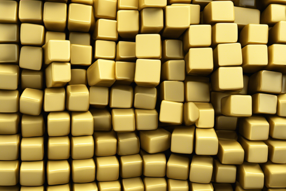 An image showcasing a stack of identical, perfectly squared butter cubes, each precisely measured to represent a tablespoon