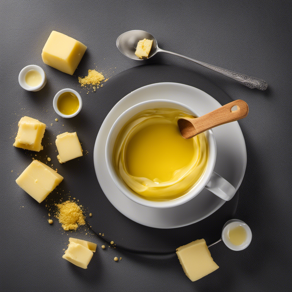 An image showcasing a cup filled with melted butter, with a clear measuring spoon hovering above it, pouring out precise tablespoons, illustrating the process of measuring butter accurately