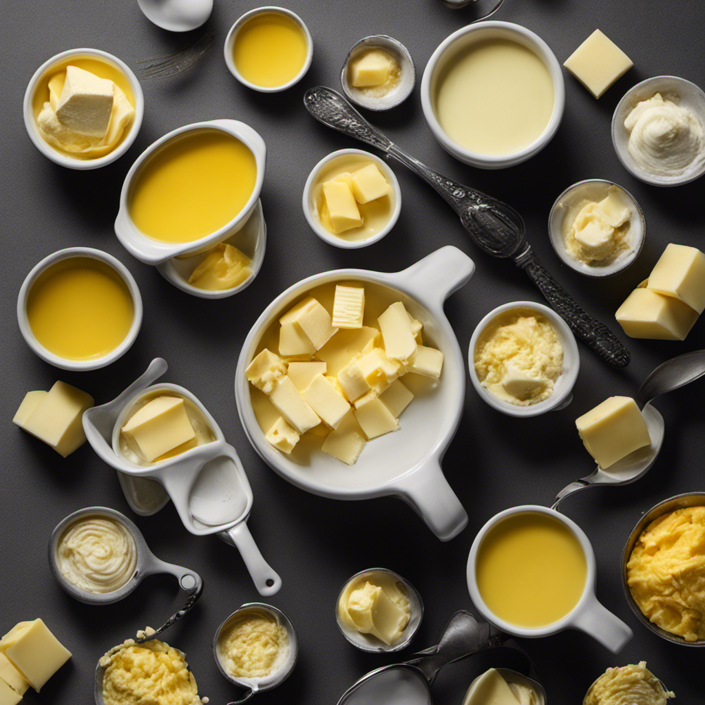 An image showcasing various brands of butter, each represented by a labeled measuring cup filled with a specific quantity of melted butter, illustrating the varying number of tablespoons in a cup