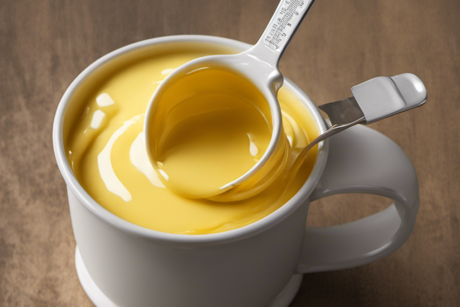 An image showcasing a measuring cup filled with melted butter, precisely pouring into a tablespoon, depicting the conversion process from a cup to tablespoons, illustrating the concept of "How Many Tablespoons in a Cup of Butter