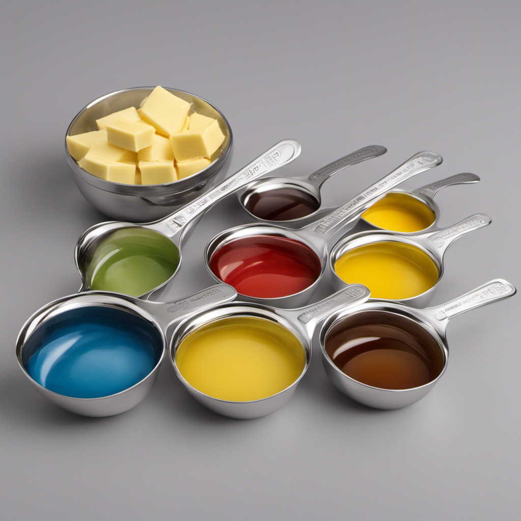 An image showcasing a precise measuring cup filled with 16 tablespoons of butter, alongside four empty measuring spoons lined up next to it, representing the conversion of a cup to tablespoons