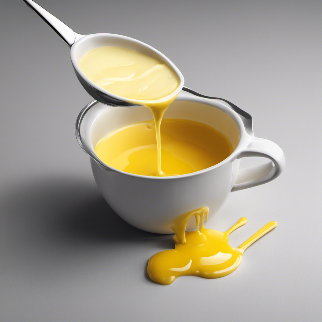 An image showcasing a cup filled with melted butter, pouring it into a measuring spoon with tablespoon markings