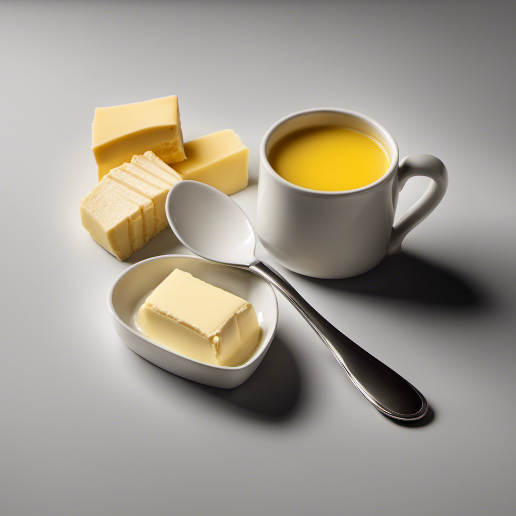 An image depicting a tablespoon and a cup, showcasing the correct measurement ratio for butter