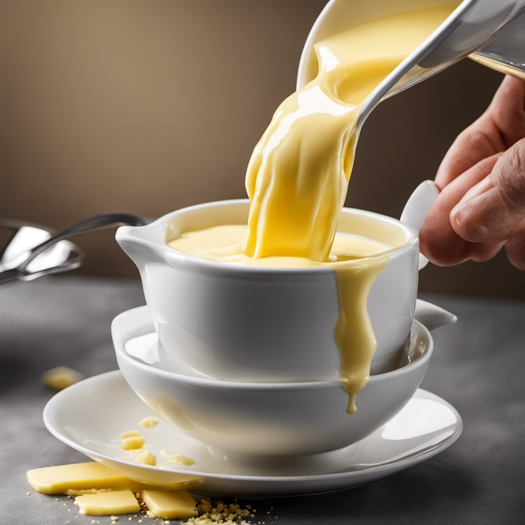 An image that showcases a measuring cup filled with melted butter pouring into a tablespoon, illustrating the process of calculating how many tablespoons are in a cup of butter