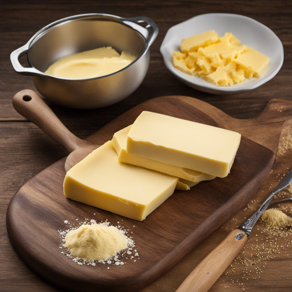 An image showcasing a rustic wooden kitchen countertop with a pat of creamy butter, a tablespoon, and a quarter cup measure