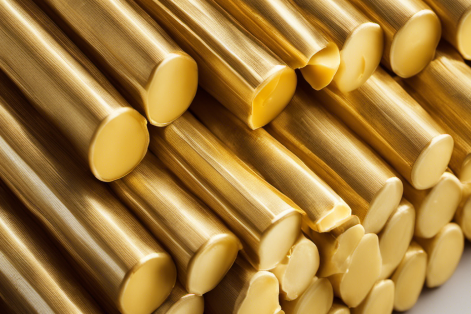An image showcasing a stack of golden, cylindrical sticks of butter, each precisely measured to represent the equivalent of tablespoons
