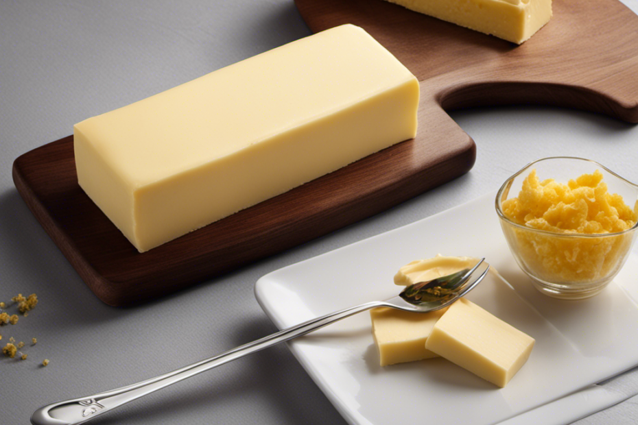 An image capturing the essence of a stick of butter, showcasing its rectangular shape and smooth, creamy texture