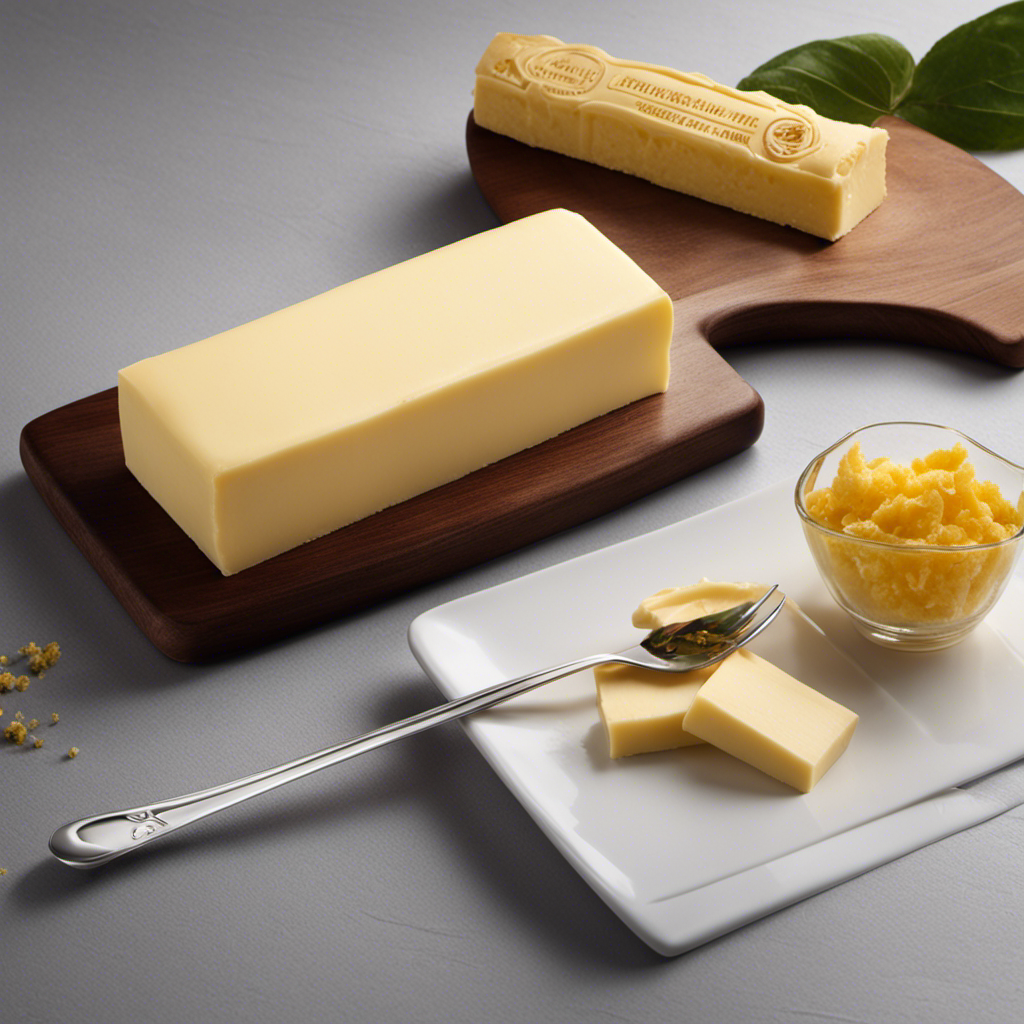 An image capturing the essence of a stick of butter, showcasing its rectangular shape and smooth, creamy texture