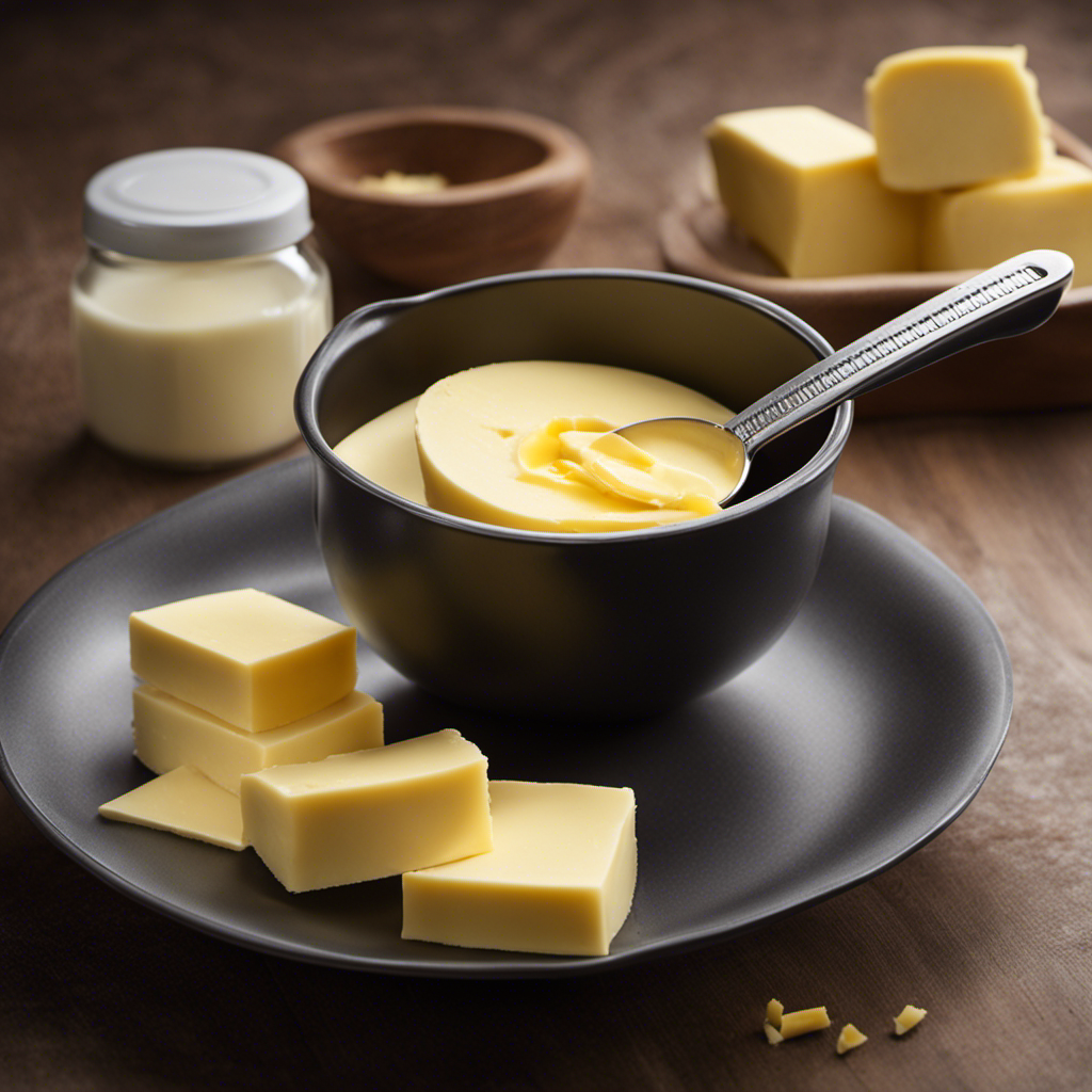 An image showcasing a measuring cup filled with 1/3 cup of butter, alongside a tablespoon