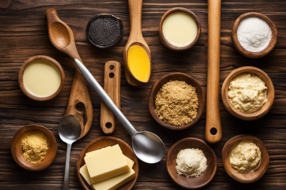 An image showcasing a rustic wooden kitchen countertop with a block of creamy butter, surrounded by a set of measuring spoons ranging from a teaspoon to a quarter-cup, beautifully arranged in a neat row