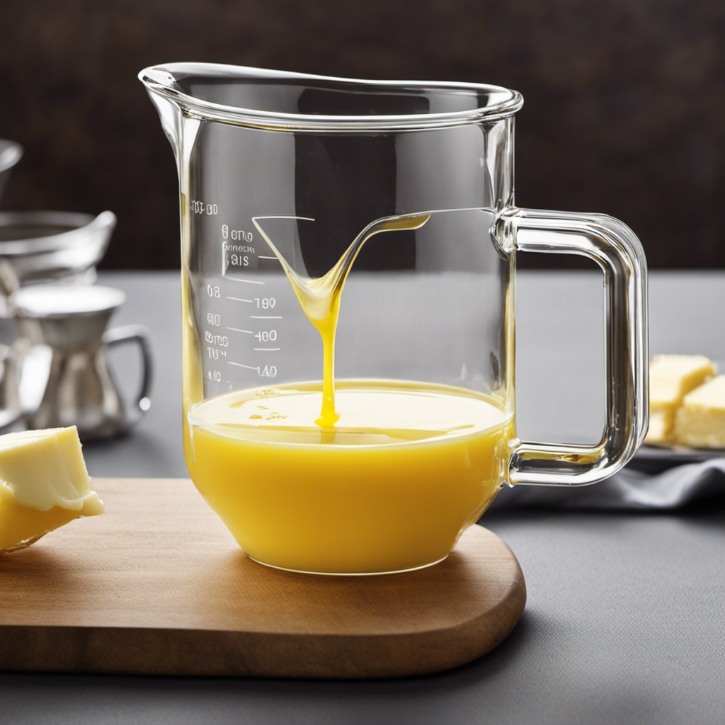 An image showcasing a clear glass measuring cup filled halfway with melted butter