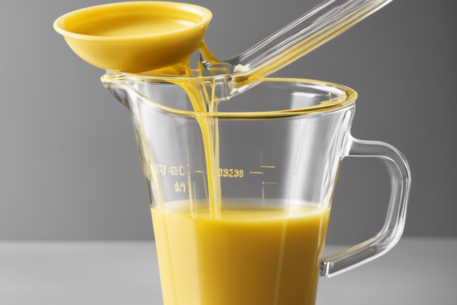 An image showcasing a clear glass measuring cup filled with melted butter, precisely marked with lines indicating the measurements of tablespoons, gradually filling up to the brim, representing the conversion from tablespoons to one cup