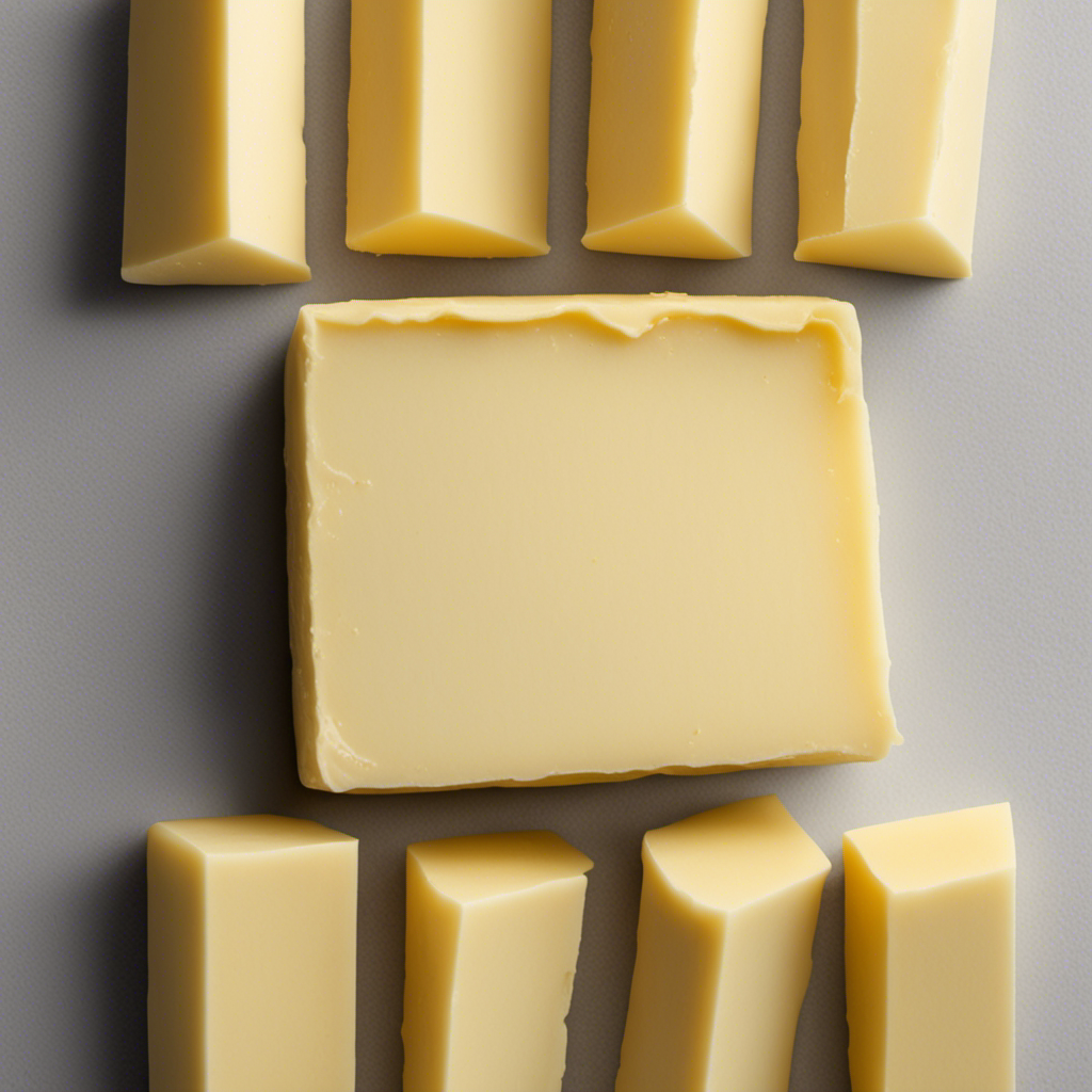 An image depicting a stick of butter divided into eight equal segments, with each segment labeled as a tablespoon