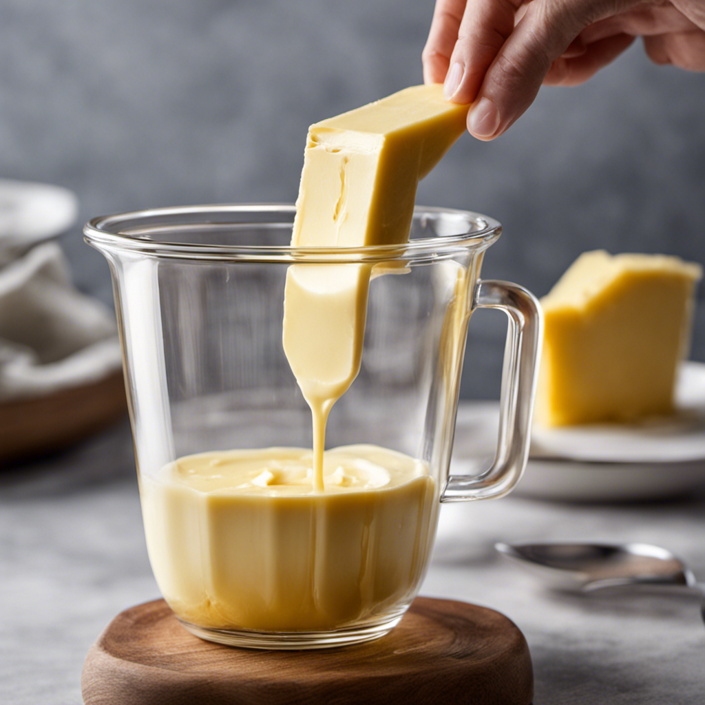 An image showcasing a glass measuring cup filled with precisely 1/2 cup of creamy butter, beautifully glistening with a golden hue