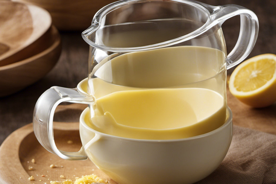 An image that showcases a measuring cup filled precisely to the 1/3 cup mark with creamy, melted butter