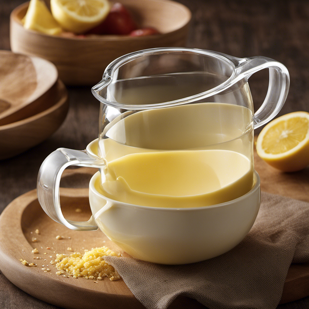 An image that showcases a measuring cup filled precisely to the 1/3 cup mark with creamy, melted butter