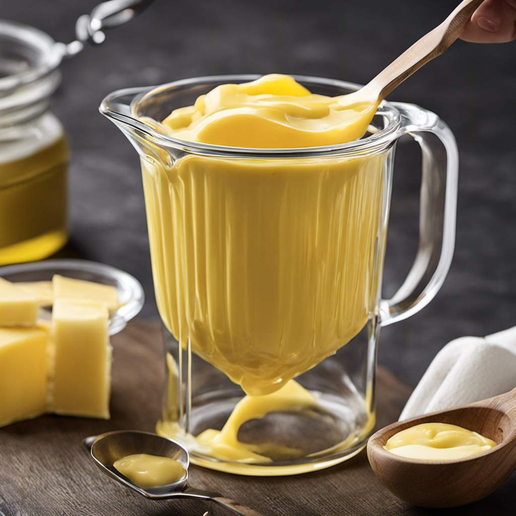 An image showcasing a clear glass measuring cup filled with melted butter up to the 1/3 cup mark, alongside a set of measuring spoons with a tablespoon pouring butter into the cup