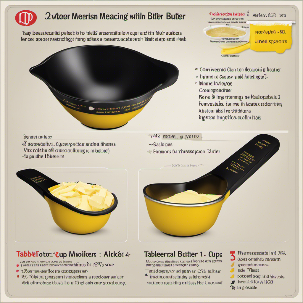 An image showcasing a measuring cup filled with butter up to the 1/3 cup mark, accompanied by three separate tablespoons, each highlighted to clearly illustrate the conversion ratio from tablespoons to 1/3 cup