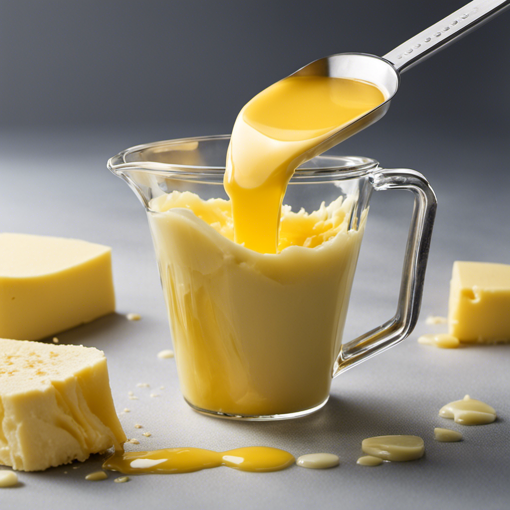 An image depicting a measuring cup filled with melted butter up to the 1/3 cup mark, with an additional tablespoon of butter poured next to it, highlighting the common mistake of incorrectly measuring 1/3 cup of butter