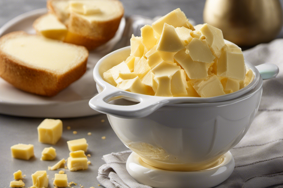 An image that showcases a measuring cup filled with precisely 1/3 cup of butter, capturing the rich golden color and creamy texture, complemented by a tablespoon beside it, emphasizing the conversion