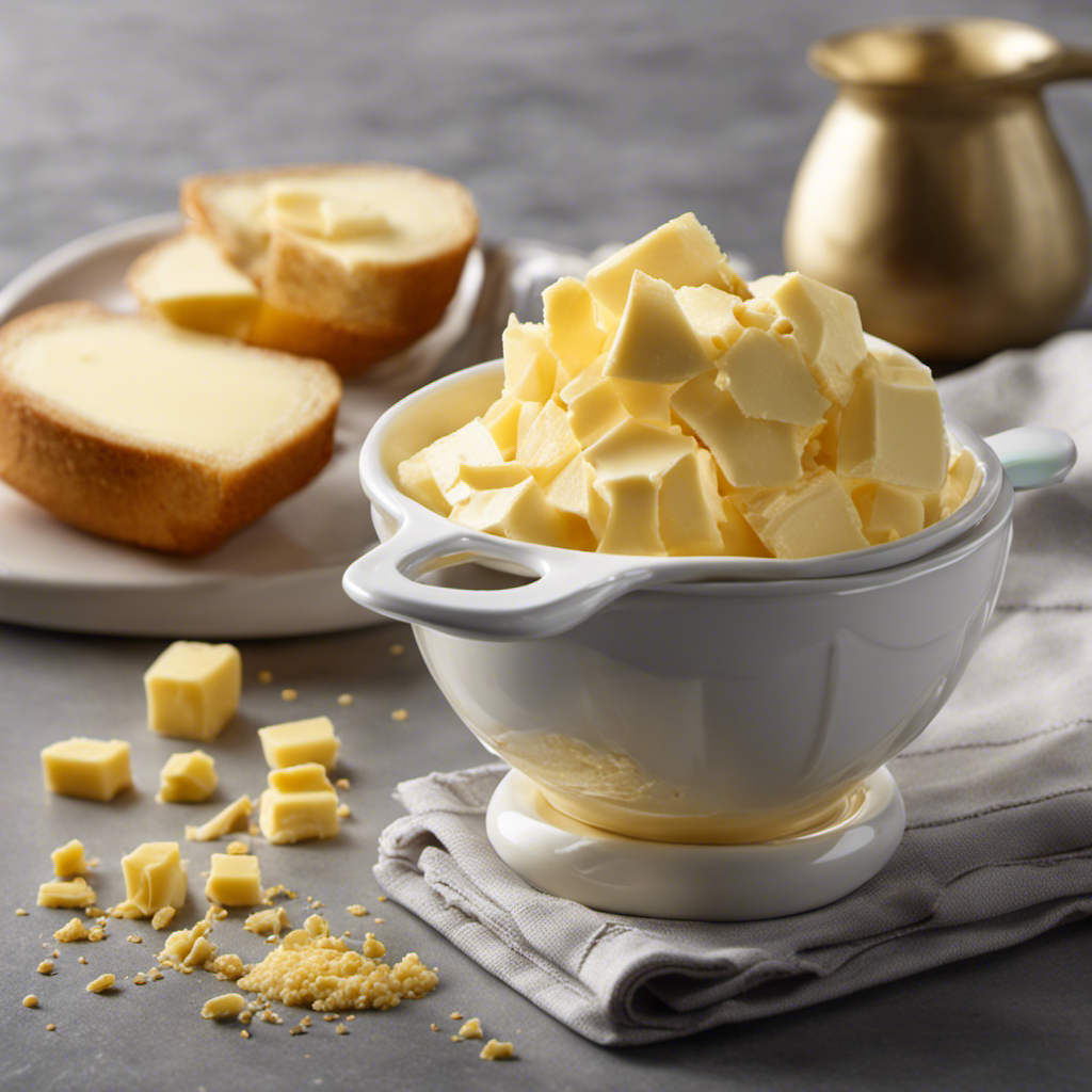 An image that showcases a measuring cup filled with precisely 1/3 cup of butter, capturing the rich golden color and creamy texture, complemented by a tablespoon beside it, emphasizing the conversion