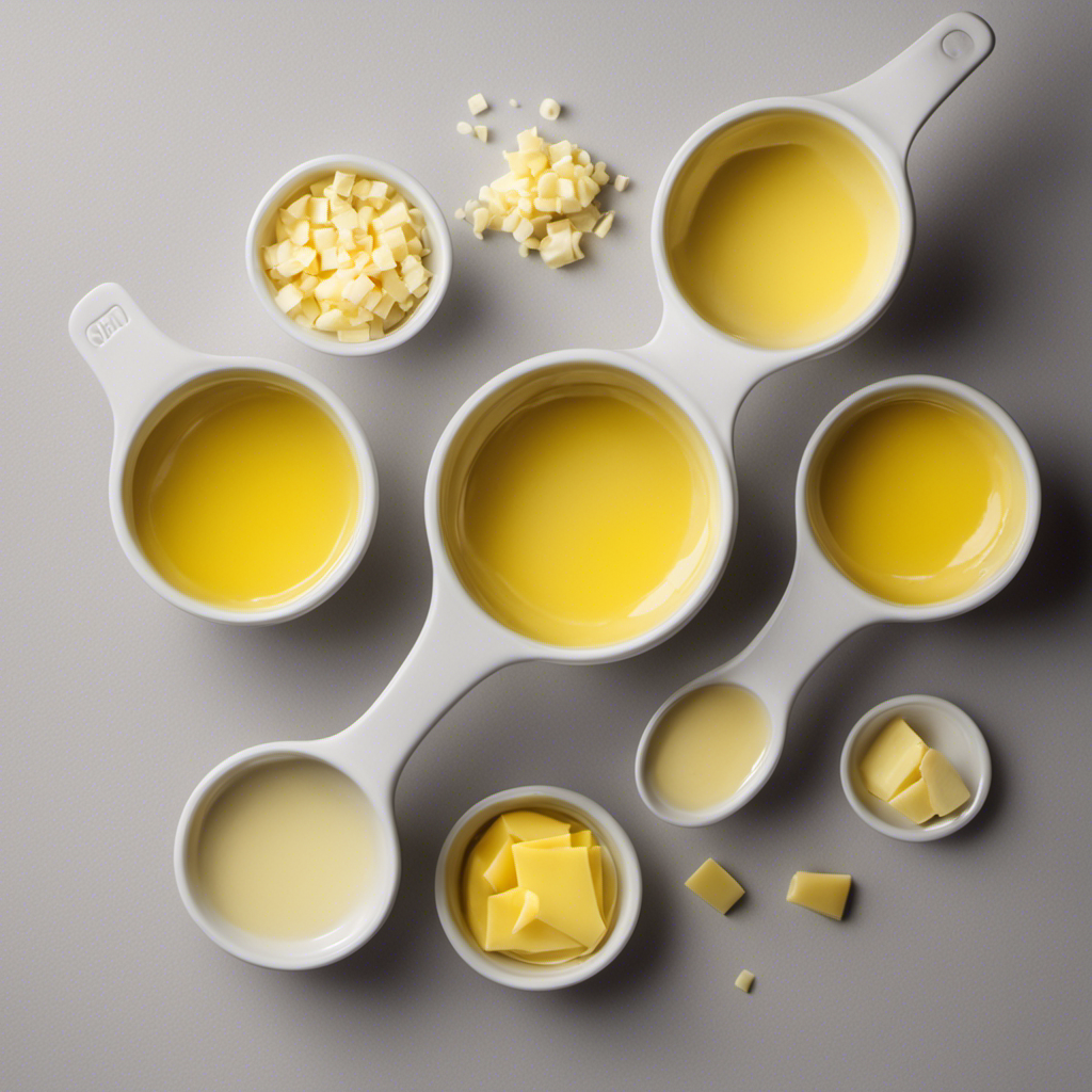 An image showcasing a measuring cup filled with 1/3 cup of melted butter, alongside a set of six identical tablespoons, each filled with an equal portion of butter, representing the conversion from 1/3 cup to tablespoons