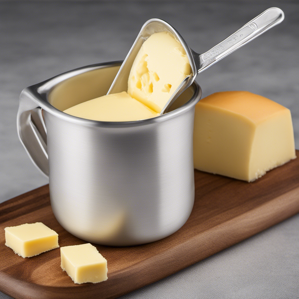 An image showcasing a measuring cup containing 1/3 cup of butter, with three identical tablespoons filled completely with butter next to it, demonstrating the equivalent measurement in tablespoons