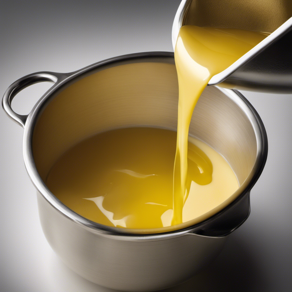 An image showcasing a measuring cup filled with perfectly melted butter up to the 1/3 cup mark