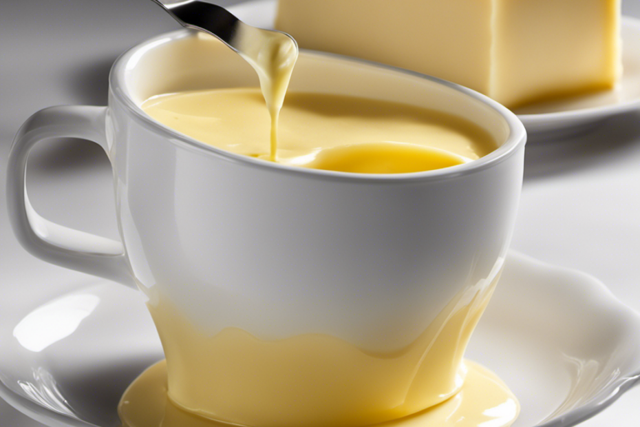 An image illustrating the precise measurement of 1/4 cup of butter, showcasing a standard measuring cup filled up to the 1/4 cup mark, with soft, golden butter oozing gently over the edge