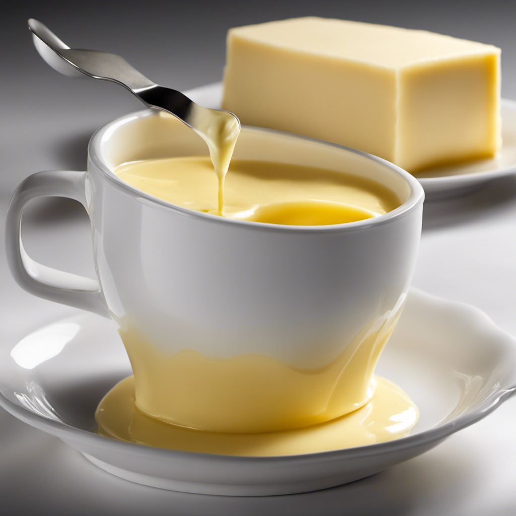 An image illustrating the precise measurement of 1/4 cup of butter, showcasing a standard measuring cup filled up to the 1/4 cup mark, with soft, golden butter oozing gently over the edge