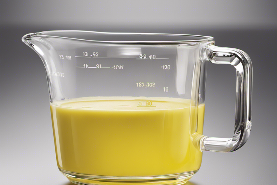 An image showcasing a clear glass measuring cup filled up to the 1/4 cup mark with melted butter